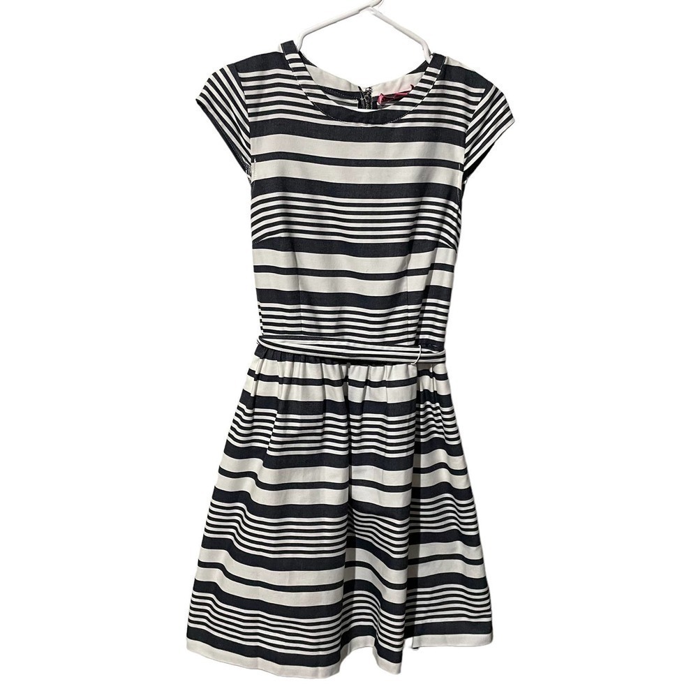 Betsey Johnson Navy & White Striped Dress w/Cap Sleeves & Tie Belt